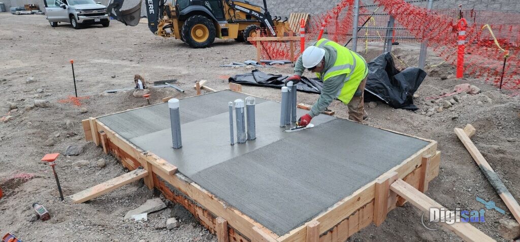 Crew building concrete formwork for an antenna foundation