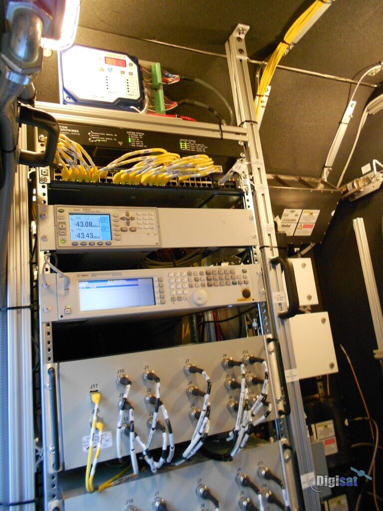 Broadcast satellite equipment rack with modulators and RF gear