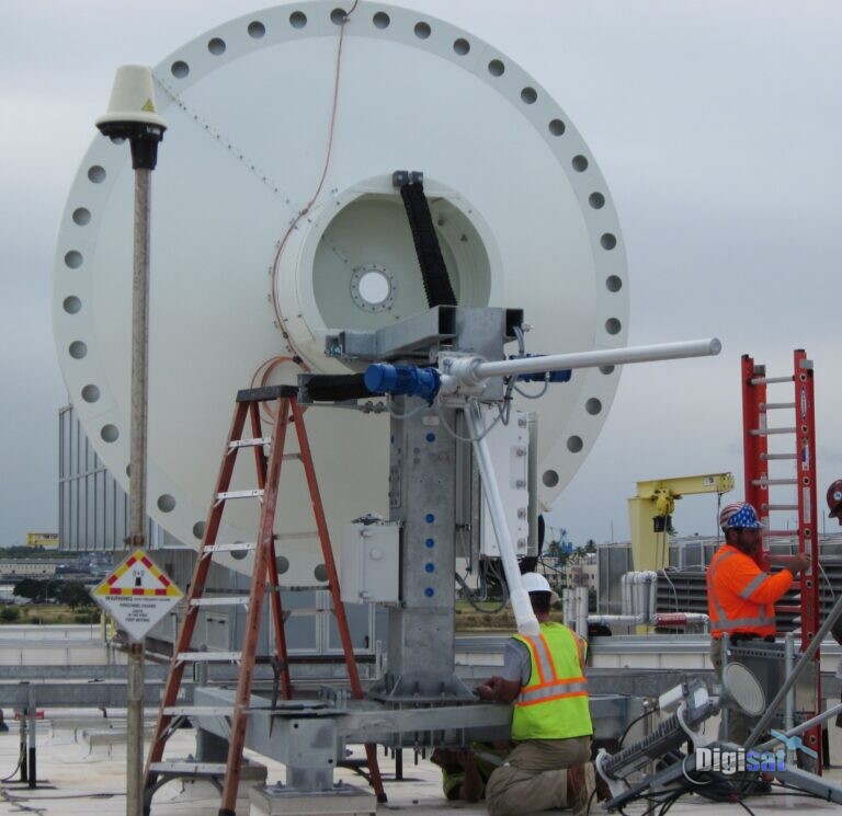 Crew installing the feed on an earth terminal antenna