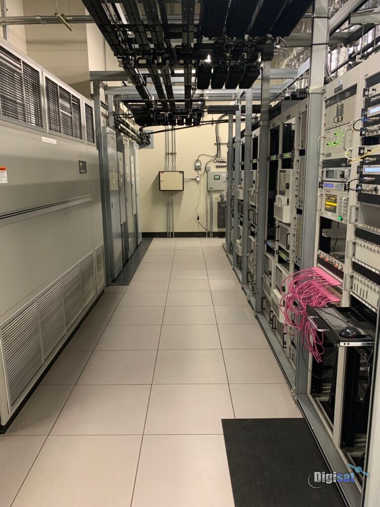 Ground station equipment room with rows of racks