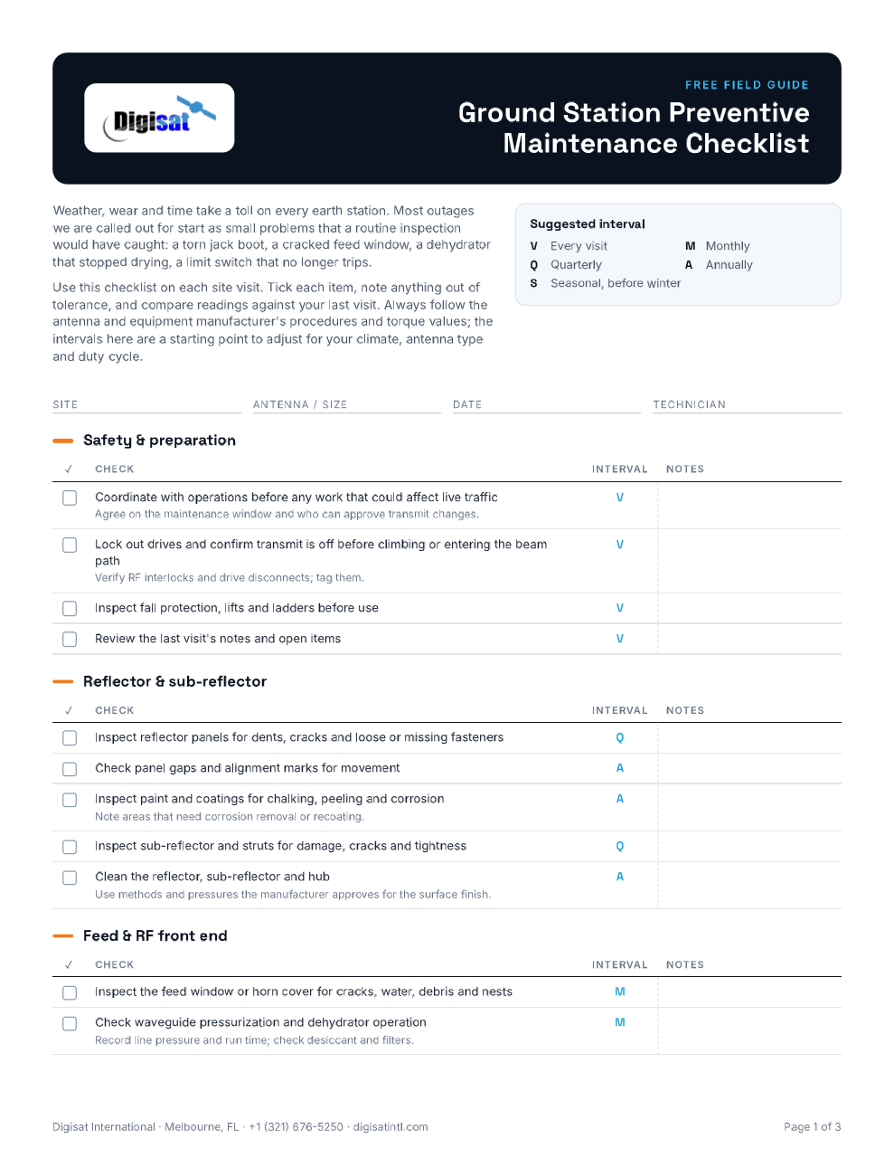 Page one of the Digisat ground station preventive maintenance checklist